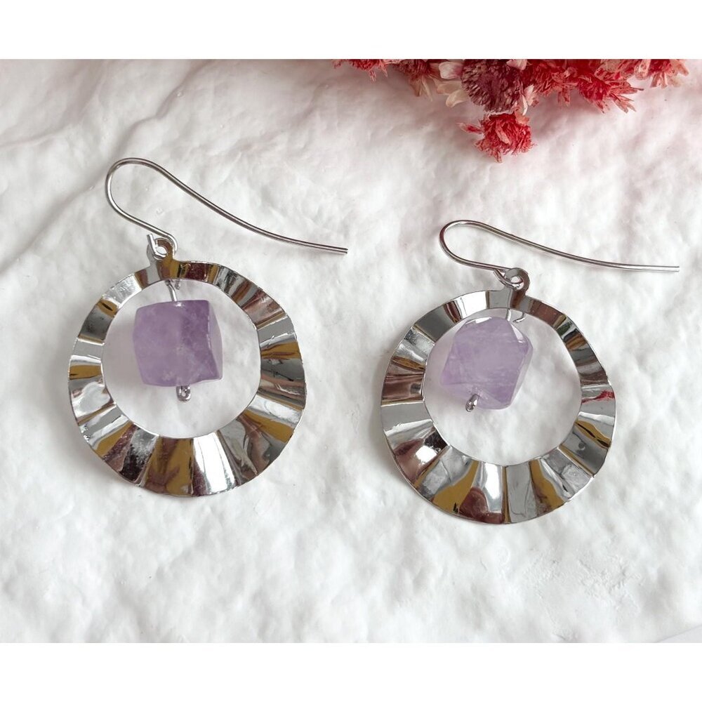 Silver Toned Crinkled Hoop & Faux Purple Quartz Accented Hoop Earrings